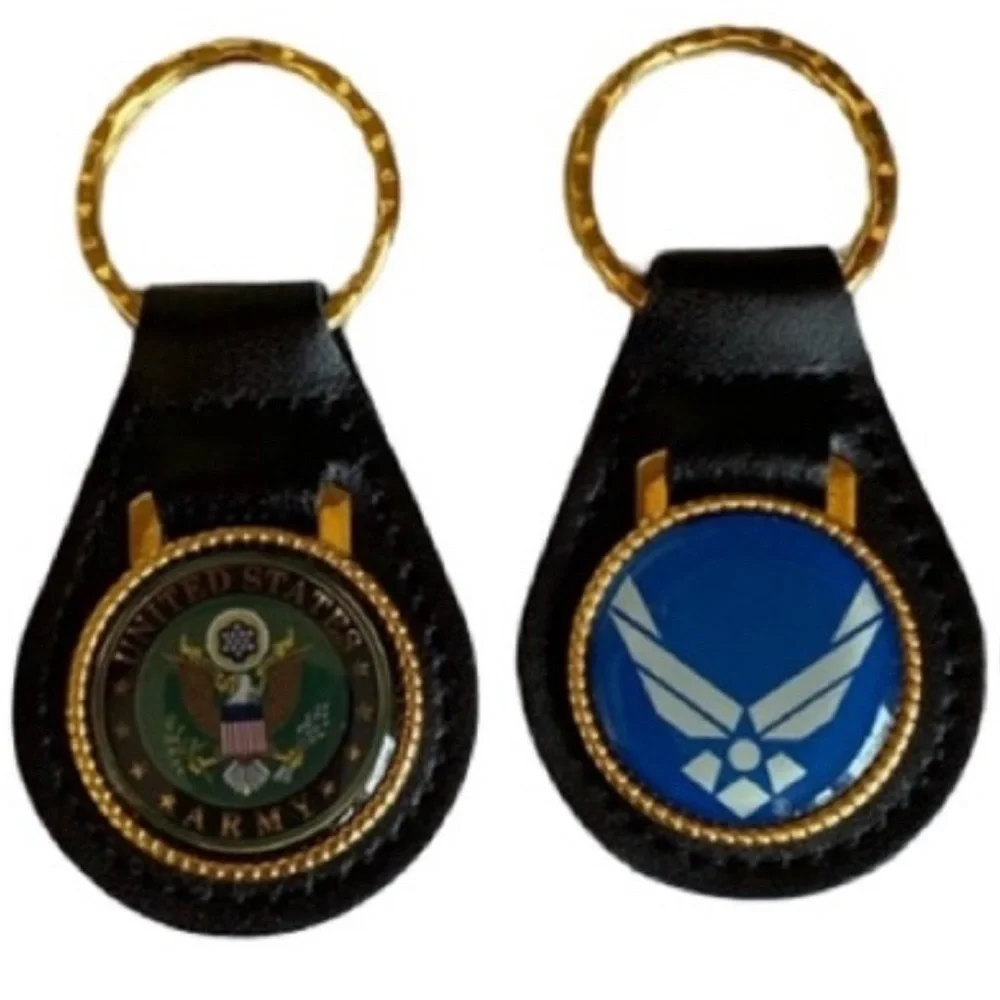 Military Emblem Keychain Challenge Coins w Leather Keyring Army or Air Force USA